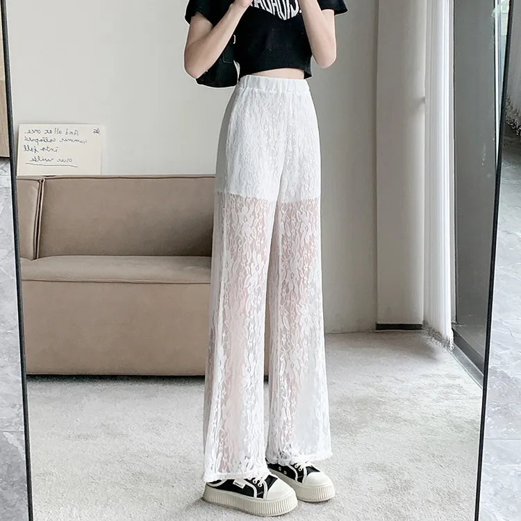 蕾丝雪纺阔腿裤女2024年夏季薄款显瘦宽松直筒阔腿裤镂空防蚊裤女