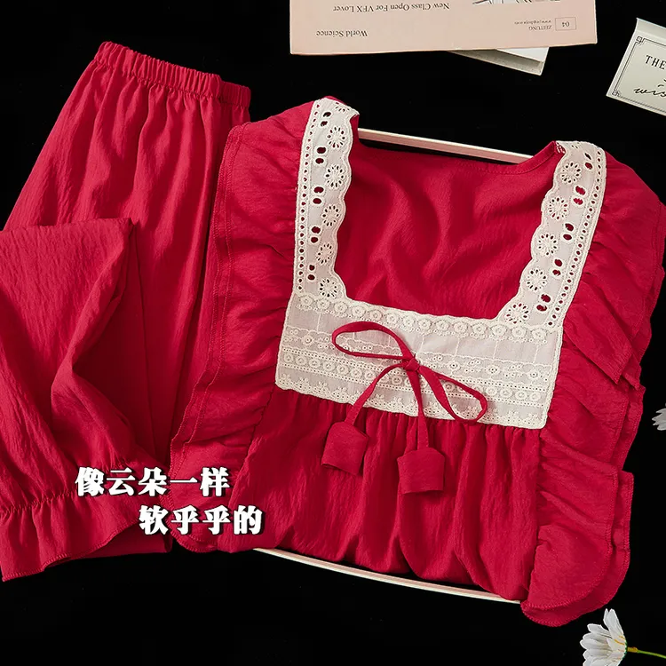 龙年红色睡衣女生春秋云朵棉本命年甜美新婚宫廷风甜美家居服套装