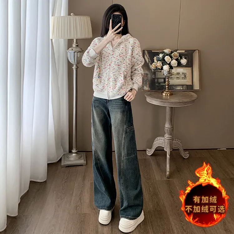 盐系穿搭休闲运动套装女秋季减龄温柔风连帽碎花卫衣牛仔裤两件套