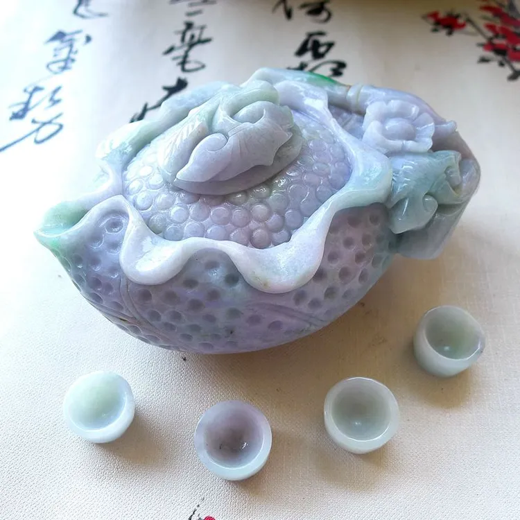 精雕特色春带彩幸福美满把把胡茶壶茶具小摆件手玩件天然A货翡翠