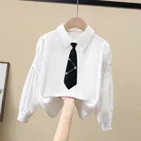 春秋女童中大童学院风质感百搭上衣撞色领带甜酷风格百变白色衬衫