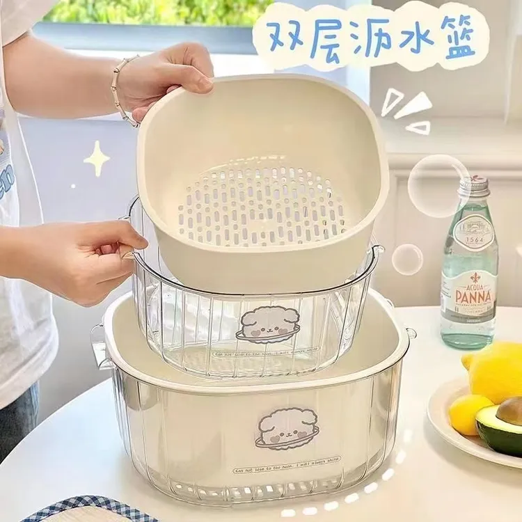 新款PET双层洗菜沥水篮家用客厅塑料果蔬厨房加厚滤水菜篓洗菜篮