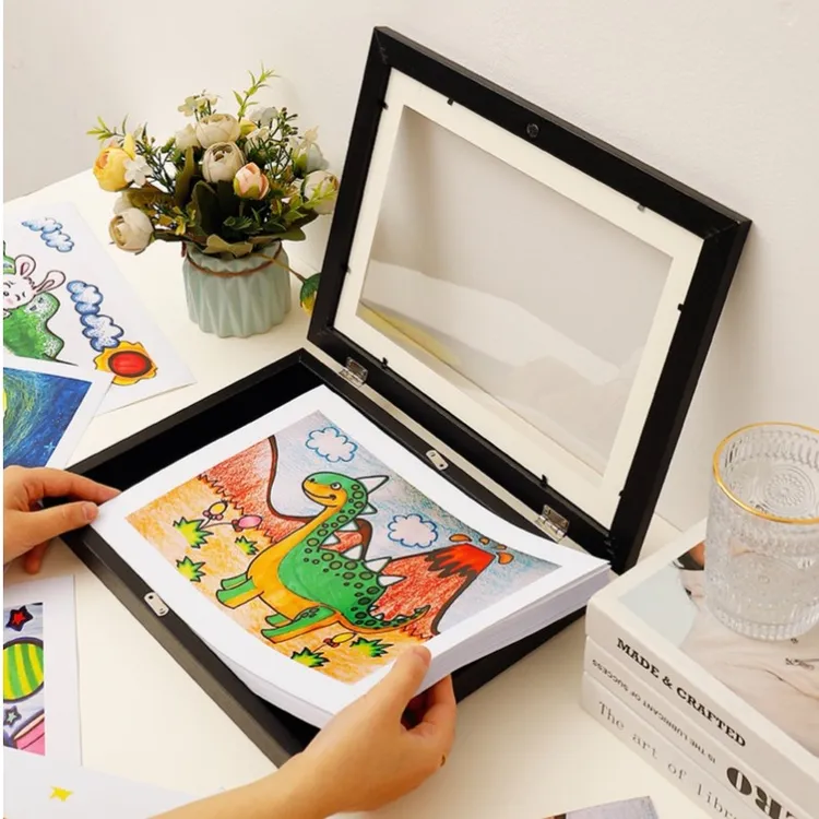 儿童画收纳框磁吸翻盖式相框奖状收纳盒展示画框木质奖状收纳盒