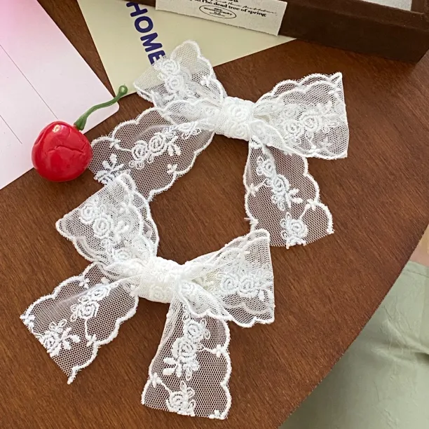 新款可爱日系甜美白色蕾丝小蝴蝶结发夹女夏侧边夹边夹仙气对夹