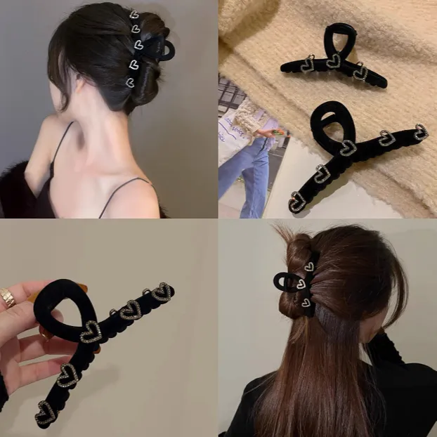 复古时尚爱心丝绒简约高级感发饰抓夹鲨鱼夹头饰法式小号黑色