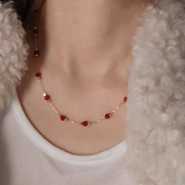 钛钢项链 酒红色串珠满天星小方糖项链女高级感锁骨链精致毛衣链