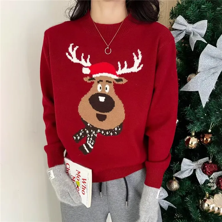 初中生卡通圣诞小鹿圆领毛衣少女高中学生针织上衣大童女生秋冬装