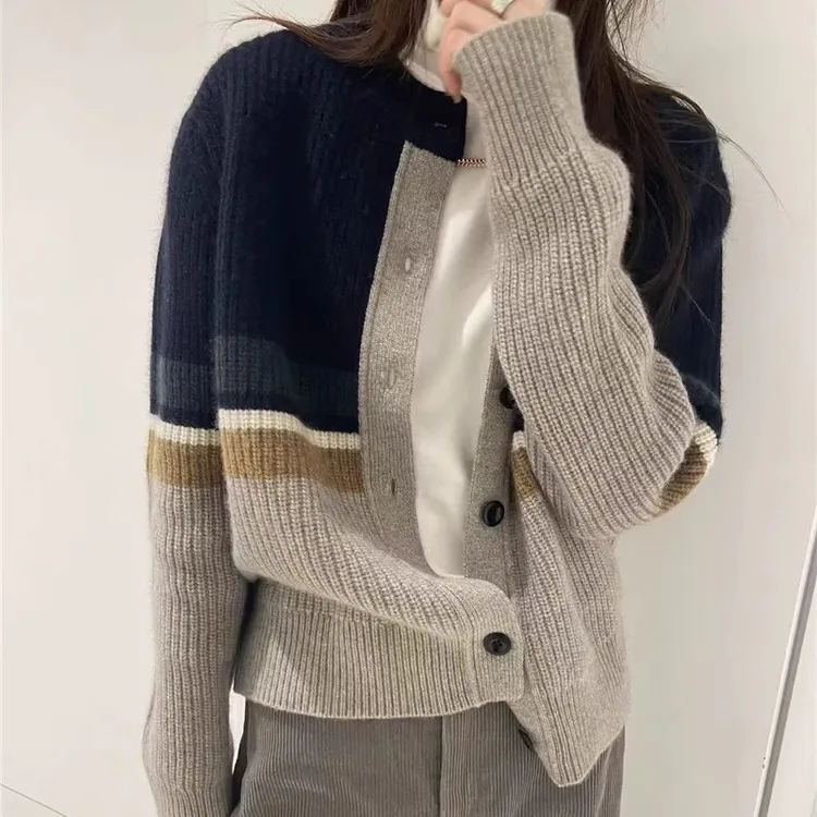 秋装新款圆领百搭拼色针织开衫少女气质加厚毛衣上衣小外套女春秋