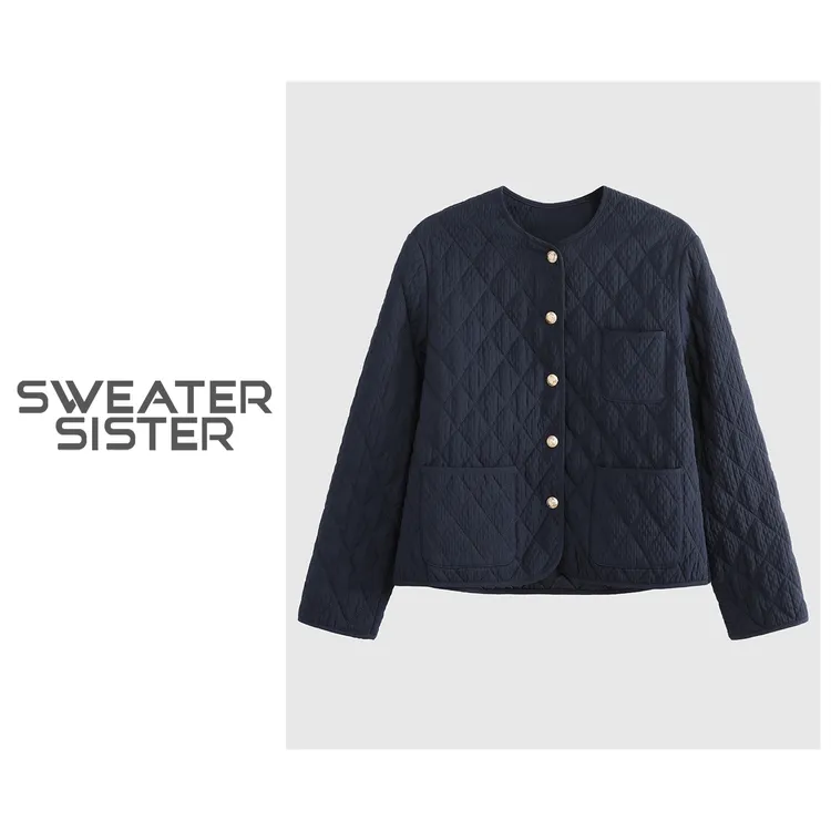 毛衣姐姐秋冬韩版简约圆领单排扣菱形格棉服外套女515-01127