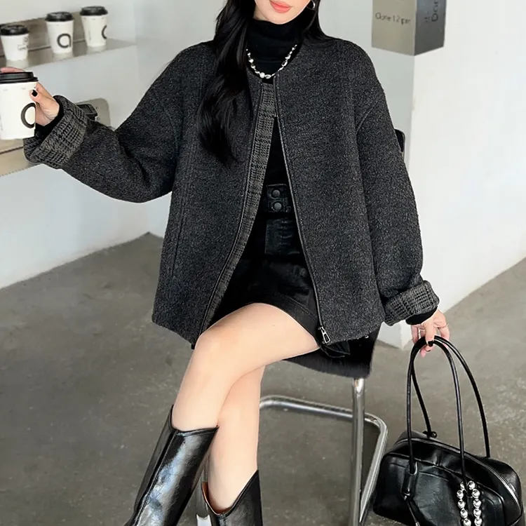 韩款宽松时尚格子拼接保暖外套女5185-8279