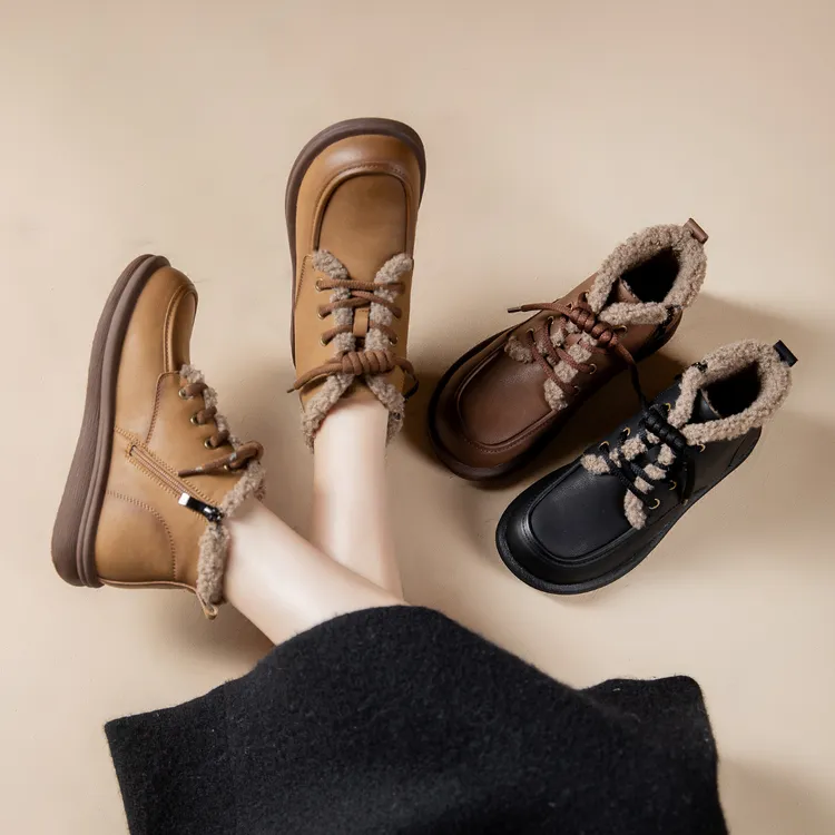 新款真皮加绒保暖不累脚短靴女士鞋棉鞋厚底气质休闲皮鞋女鞋靴子