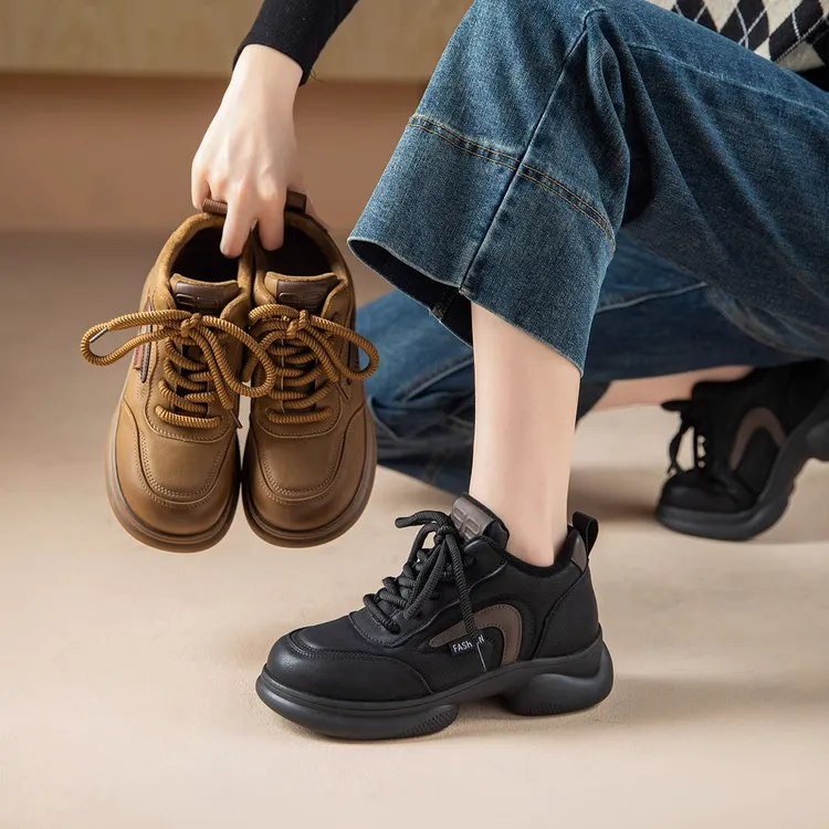 2025秋冬季百搭时尚真皮软底复古厚底加绒休闲鞋老爹鞋系带运动鞋