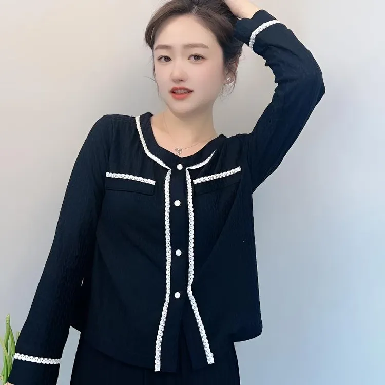 黑色休闲百搭小香风长袖时尚显瘦气质家居服套装睡衣空调服春夏季