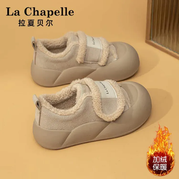 拉夏贝尔女鞋加绒魔术贴板鞋女2025冬季新款厚底保暖加厚棉鞋冬鞋