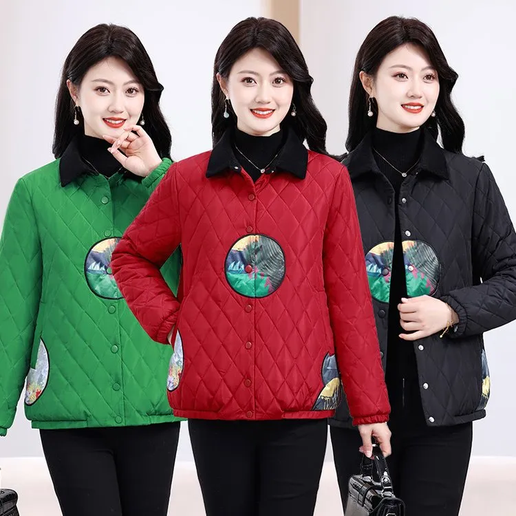妈妈秋冬装外套轻薄保暖棉服翻领时尚中老年女国风短款宽松小棉衣