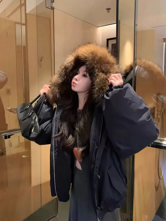 Y16856-复古工装连帽时尚冬季毛毛新款百搭爆款宽松