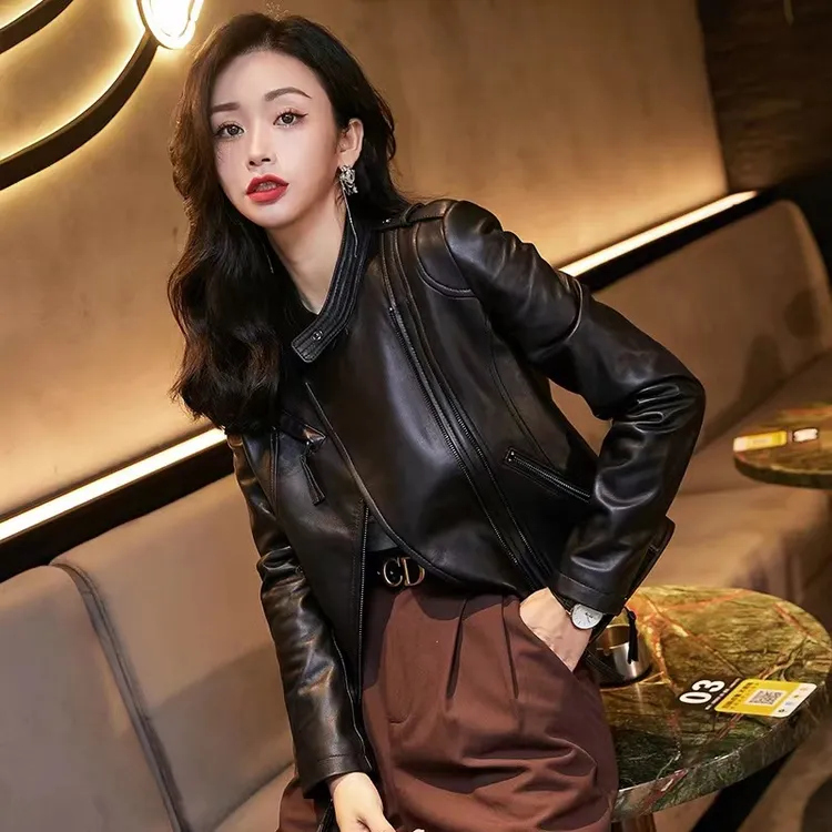 A级头层绵羊皮短款夹克海宁真皮机车短款时尚真皮修身外套3310