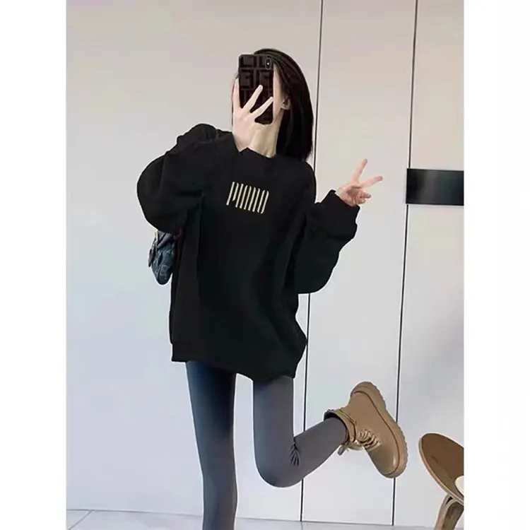 黑色圆领加绒卫衣女2025新款春秋季宽松韩版休闲洋气薄款长袖上衣