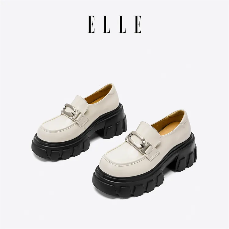 ELLE秋季新款真皮洛丽塔乐福鞋女款小个子增高7CM松糕厚底单鞋女 