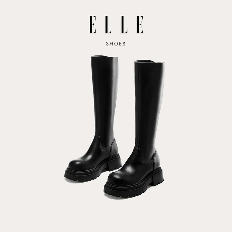 ELLE黑色弹力靴女2025新款加绒棕色高筒长靴袜靴瘦瘦靴厚底长筒靴