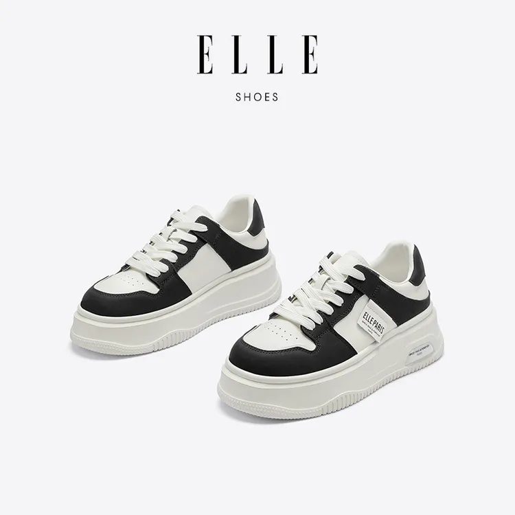 ELLE时尚小白鞋女2025新款秋季厚底松糕鞋增高女鞋黑白熊猫鞋板鞋