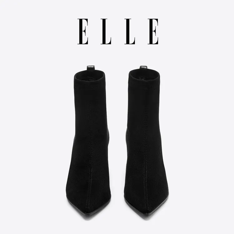 ELLE绒面细跟短靴女瘦瘦靴2025新款不累脚高跟鞋尖头女靴子马丁靴