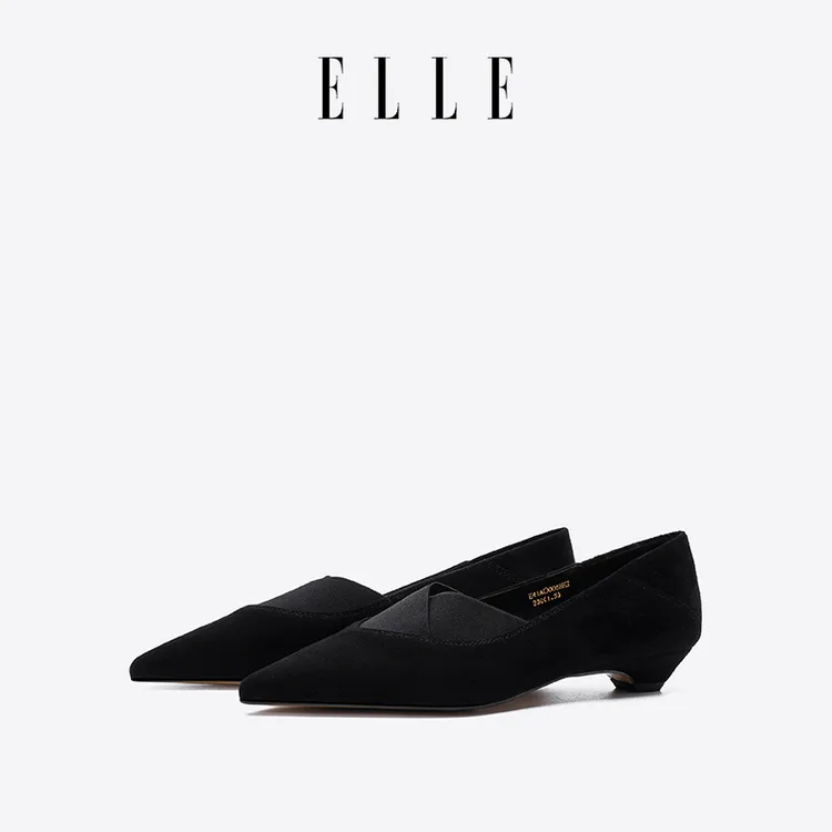 ELLE法式尖头百搭单鞋女2025冬季新款气质裸靴V口舒适真皮浅口鞋