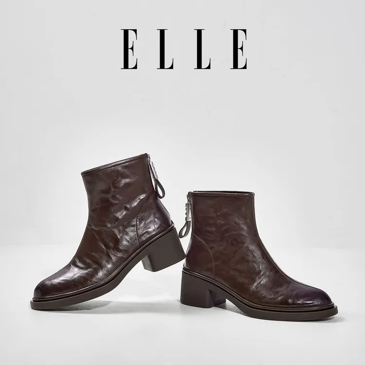 ELLE美拉德真皮短靴女复古粗跟切尔西靴2025冬季爆款配裙子瘦瘦靴