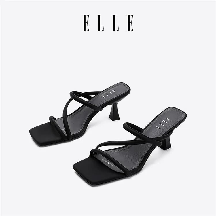 ELLE猫跟绑带外穿法式高跟拖鞋2025新款夏季拖鞋气质舒适百搭女鞋