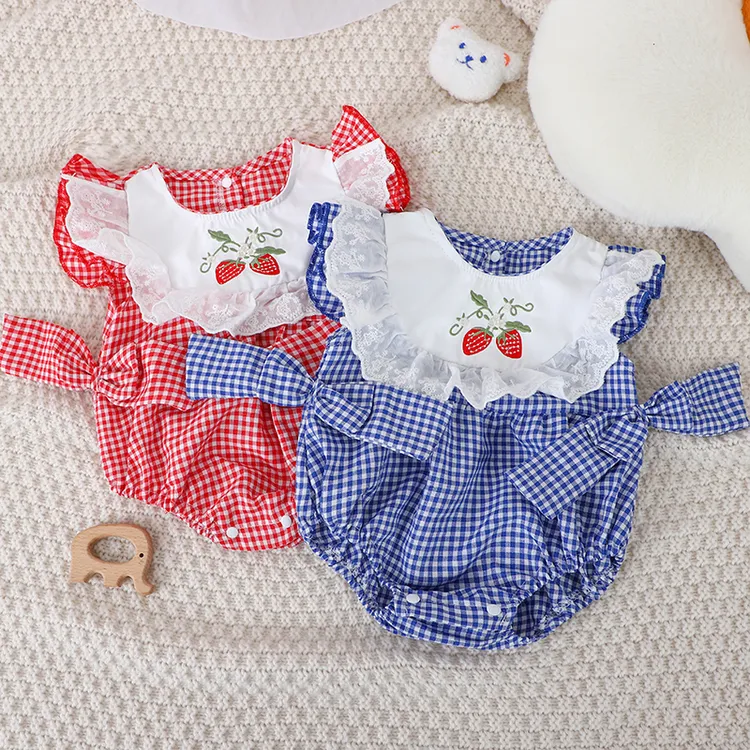 新款婴儿衣服夏季韩版女宝宝格子连体衣新生儿公主风透气无袖哈衣