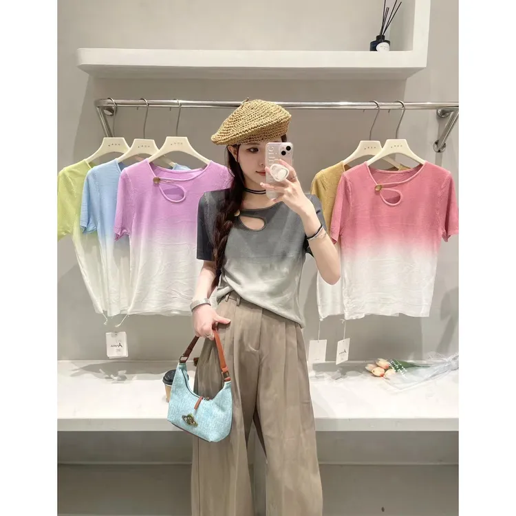 渐变色冰丝针织正肩镂空短袖t恤女夏设计感薄款法式爆款减龄上衣