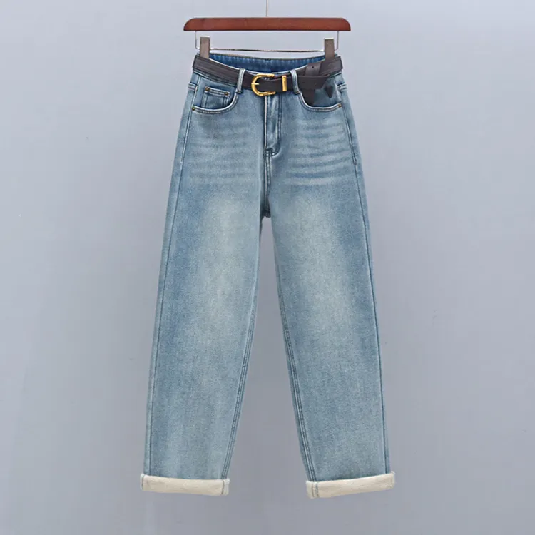 老爹裤冬季浅蓝色加绒加厚显瘦哈伦裤2025年新款高腰宽松女牛仔裤