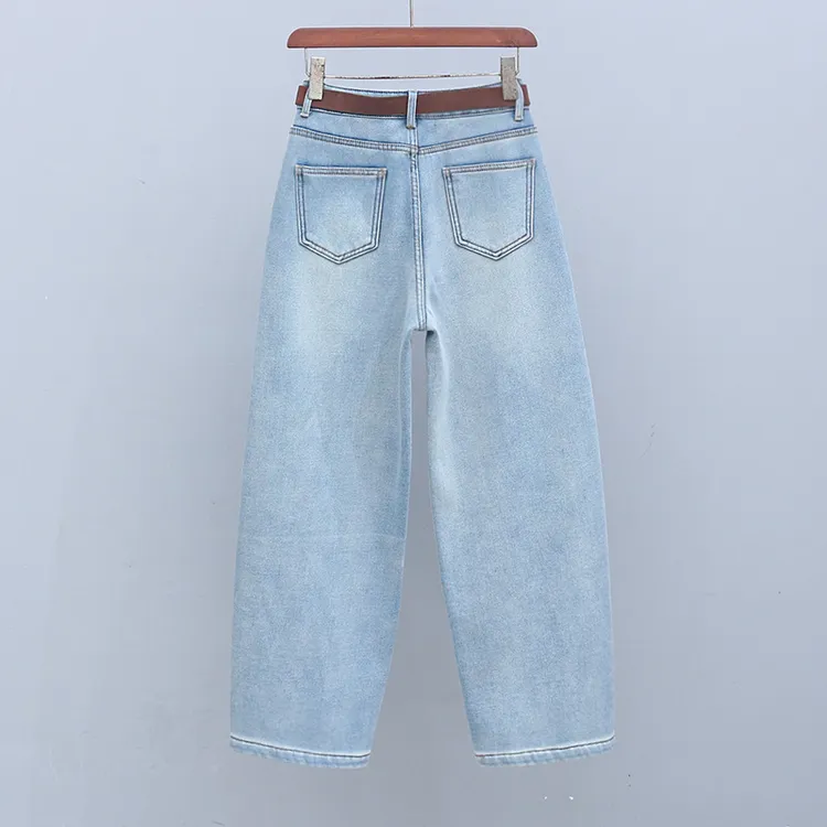 牛仔裤欧货冬季宽松阔腿加绒加厚香蕉裤潮流高腰时尚浅蓝色镰刀裤