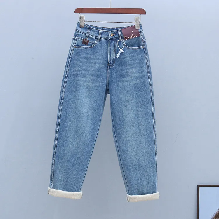老爹裤欧货冬季加绒加厚高腰牛仔裤女式2025年新款宽松弹力哈伦裤