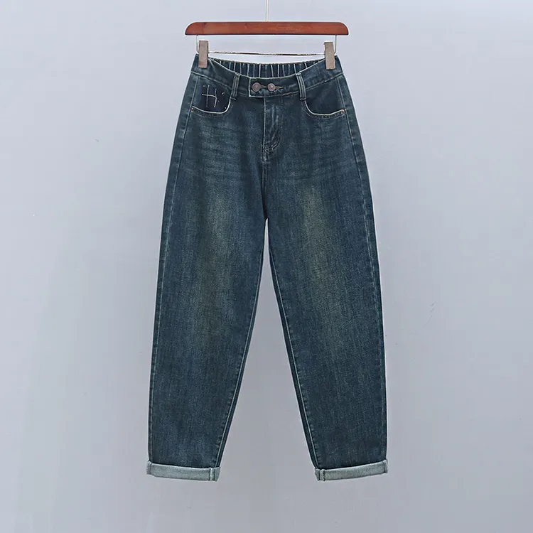 欧货早秋显瘦半松紧腰牛仔裤2024年新款弹力宽松哈伦裤潮流老爹裤