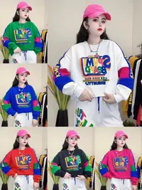 秋冬新款休闲宽松拼接拼色时尚潮流印花长袖圆领女款卫衣8807