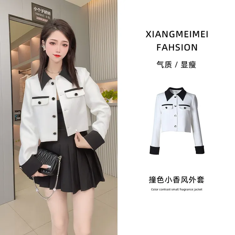 8234春夏时尚撞色翻领小香风黑白拼色薄款西装上衣短外套女cc