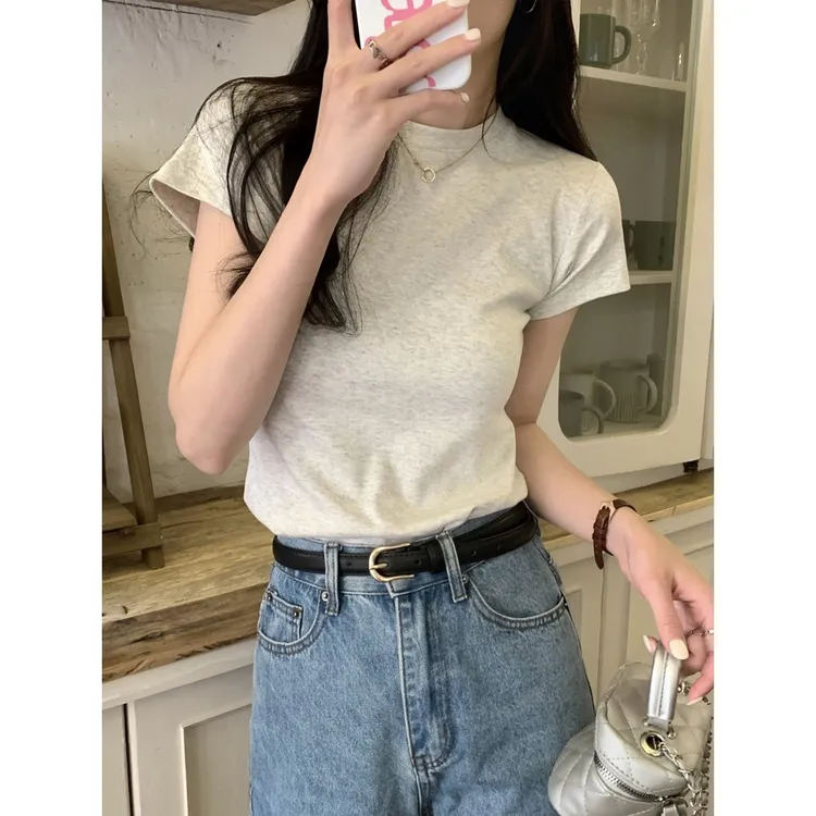 白色正肩短袖T恤女2023夏季小众百搭修身显瘦打底衫圆领上衣ins潮