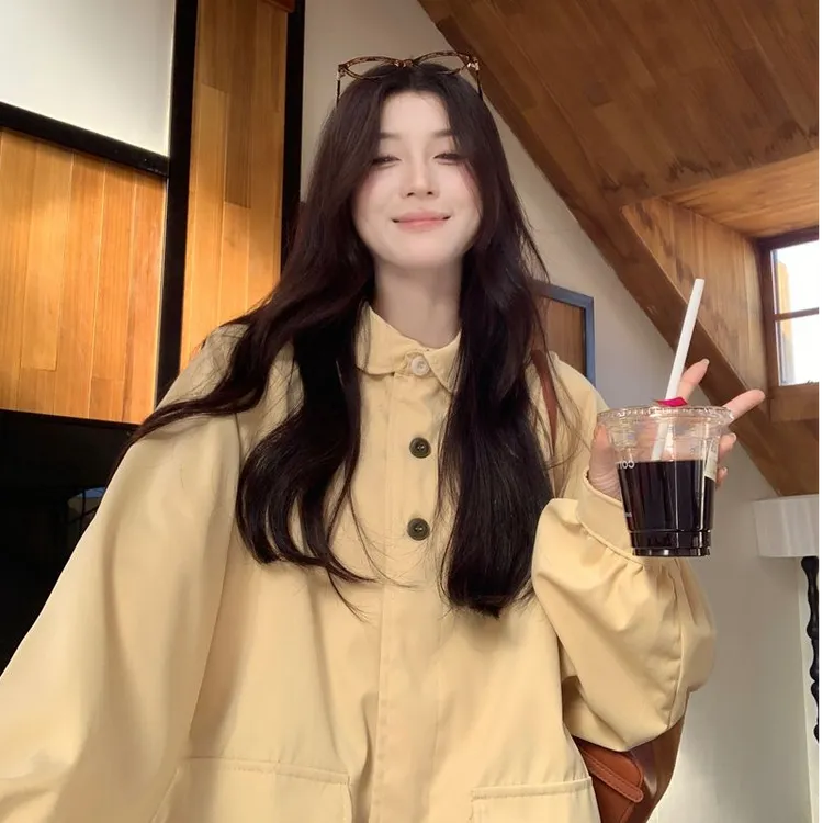 复古黄色中长款廓形风衣女秋季宽松高级感小个子街头休闲长袖外套