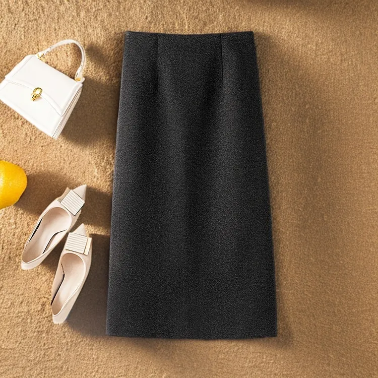 【毛呢款】气质高腰显瘦半身裙女秋冬百搭中长款开叉A字包臀裙23203