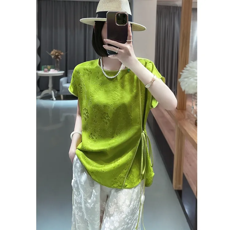 桑蚕丝圆领上衣女短袖绿色夏季欧若风宽松设计感显瘦气质时尚复古