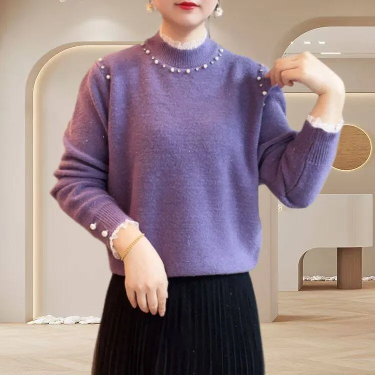 重工钉珠设计感时尚蕾丝拼接高级软糯针织衫百搭显瘦洋气加厚毛衣