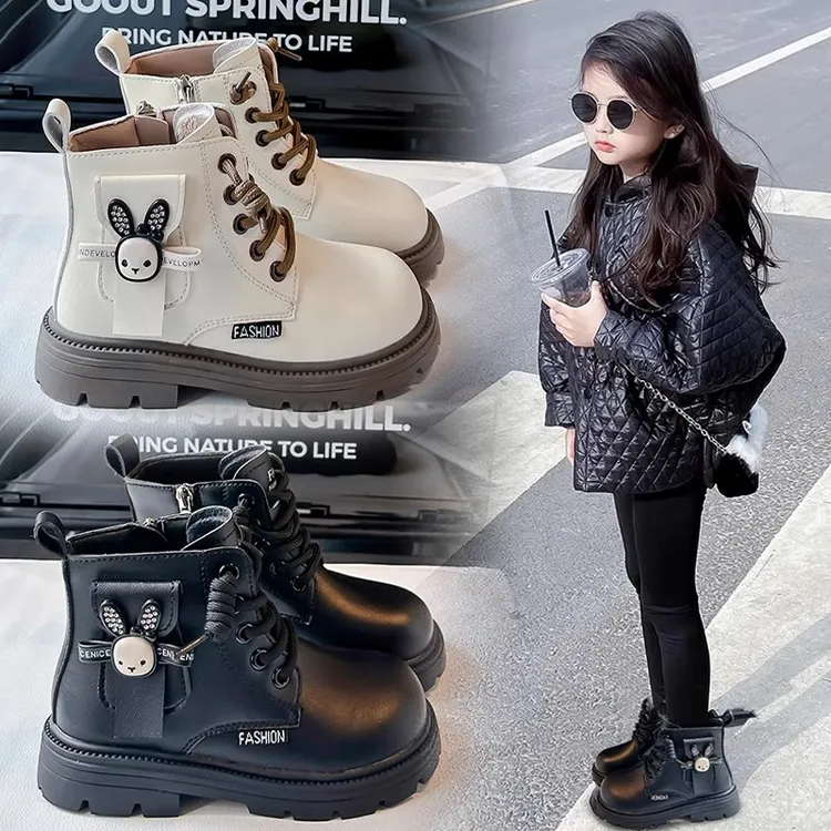 ABC女童皮靴2025秋冬新款黑色洋气公主马丁靴小女孩加绒二棉短靴