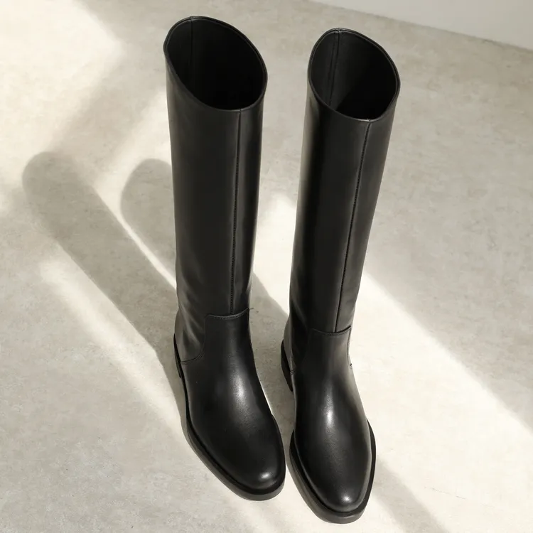 时尚黑色显瘦平底高筒长筒牛皮骑士靴女英伦风不过膝长靴子
