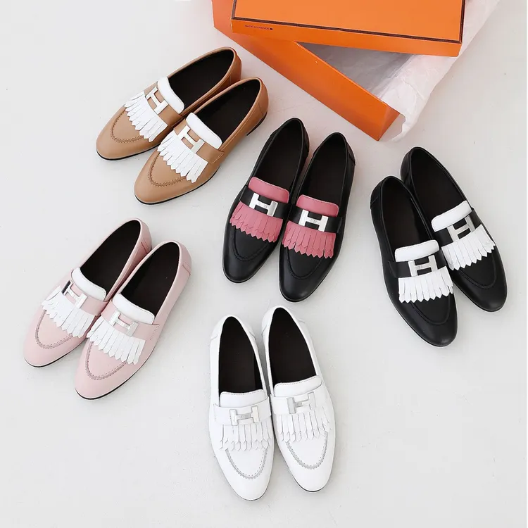 新款流苏复古真皮乐福鞋平跟低跟懒人鞋英伦风单鞋圆头乐福鞋