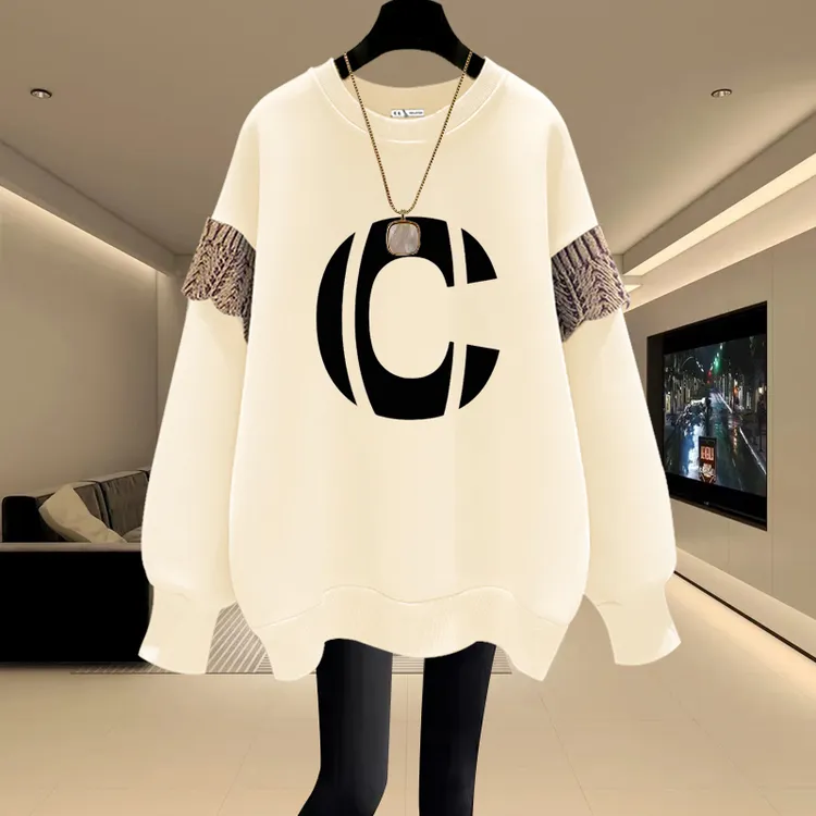 圆领卫衣女2025秋冬新款宽松韩版套头加绒加厚拼接中长款遮屁股潮