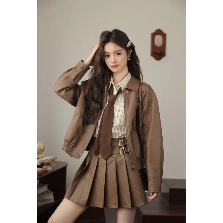 【LINJOU玲玖】棕色皮衣外套春秋美式复古皮小个子机车服夹克14217