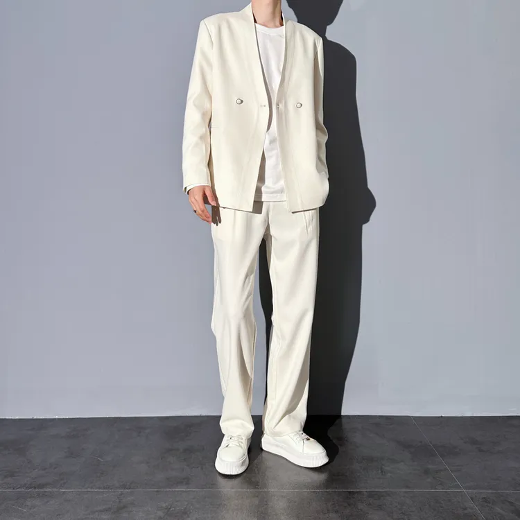 莱德的搭配无领西服套装男士休闲西装两件套春季简约纯色韩版潮流