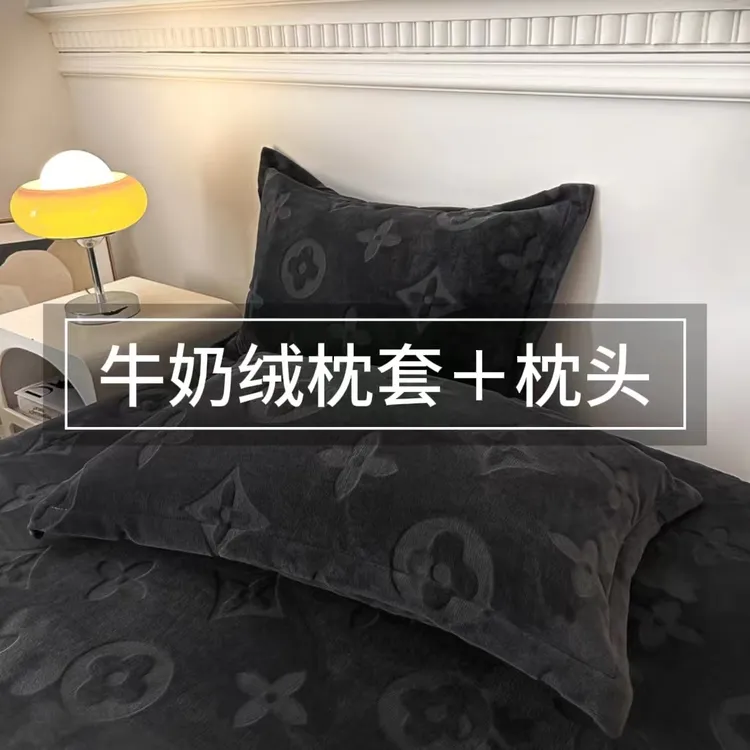 牛奶绒枕套+枕芯轻奢纯色加绒加厚透气水晶绒枕芯套罩冬款双面绒4