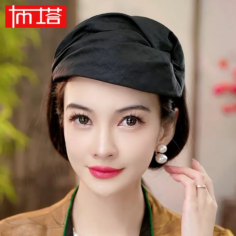 布塔云锦织金非遗之美女士半帽遮白发真丝桑蚕丝洋气宽边发箍礼帽